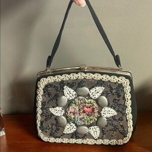 Vintage 1940-50’s Beaded Black Floral Embellished Evening Bag